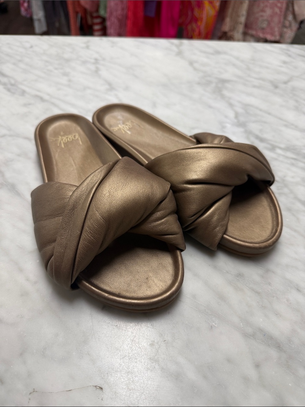 beek. Tesia Metallic Bronze Leather Slip on Sandal Size 7